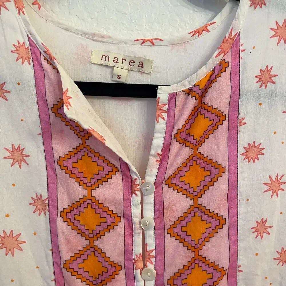 Marea Tiki Dress S Mini Starburst Aztec Print Beachy Coverup Boho Resort‎ White